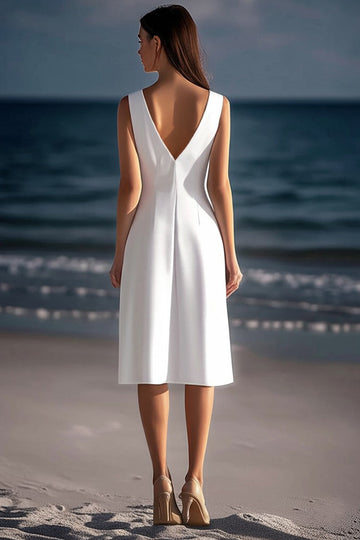 White Sheath V Neck Satin Knee Length Graduation Dress